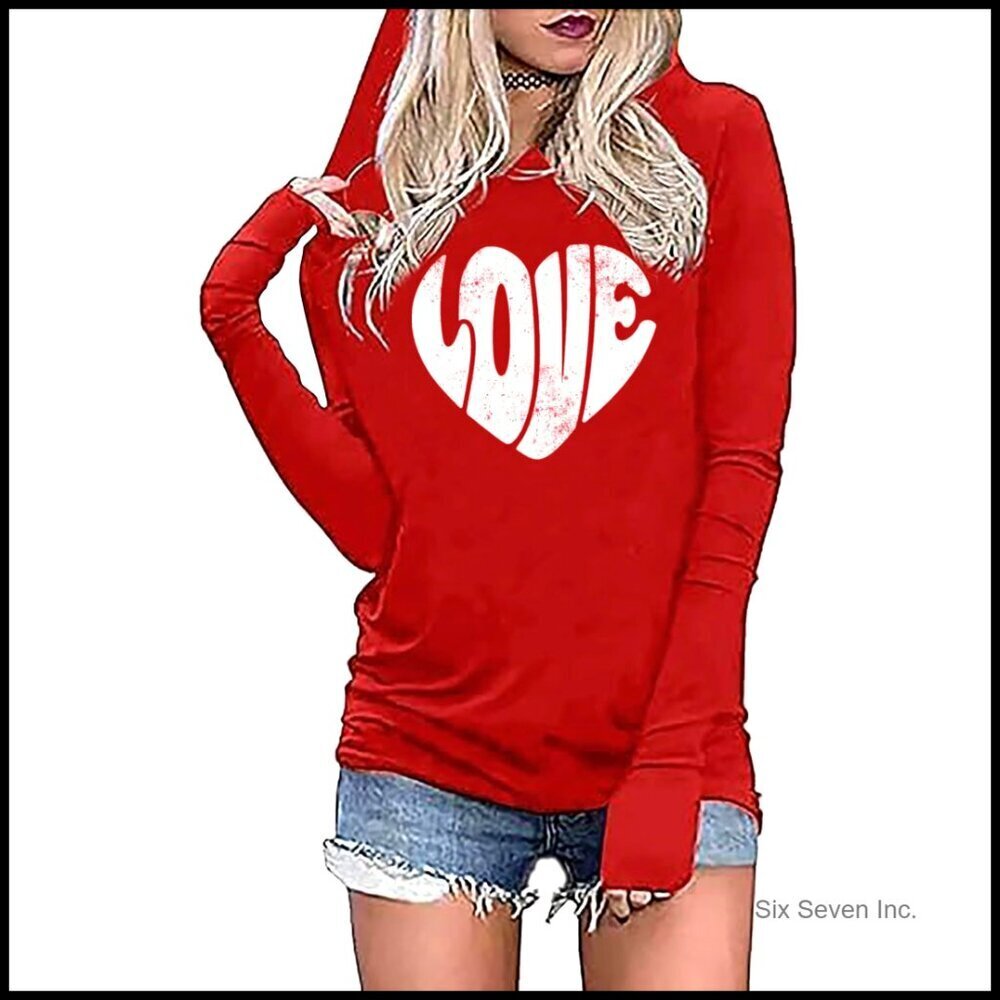 Valentine Heart Graphic Hoodie Casual Long Sleeve Pullover Lightweight Top